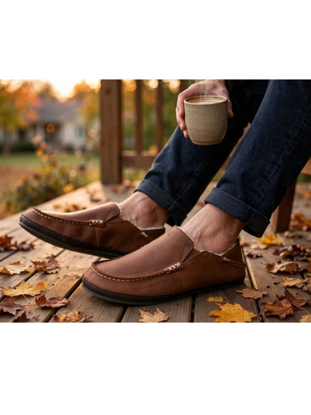 OluKai Moloa Men’s Nubuck Slipper Loafers Shoes $140 Toffee / Dark Wood